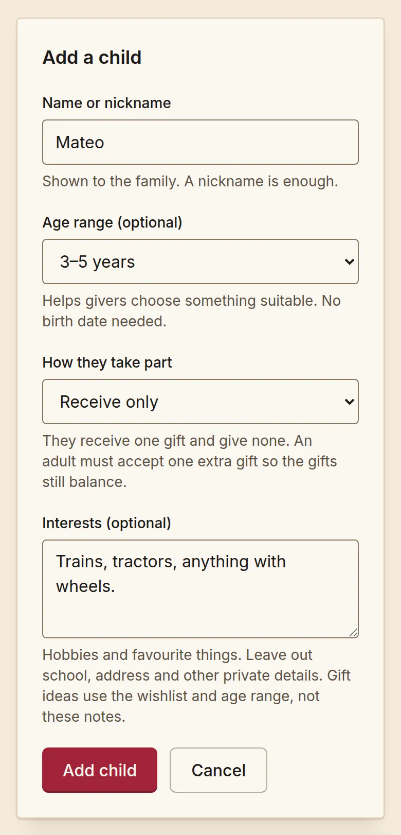 The Add a child form in SantaTogether, filled in for Mateo: age range 3 to 5 years, How they take part set to Receive only, with the hint that an adult must accept one extra gift so the gifts still balance, and interests about trains and tractors.