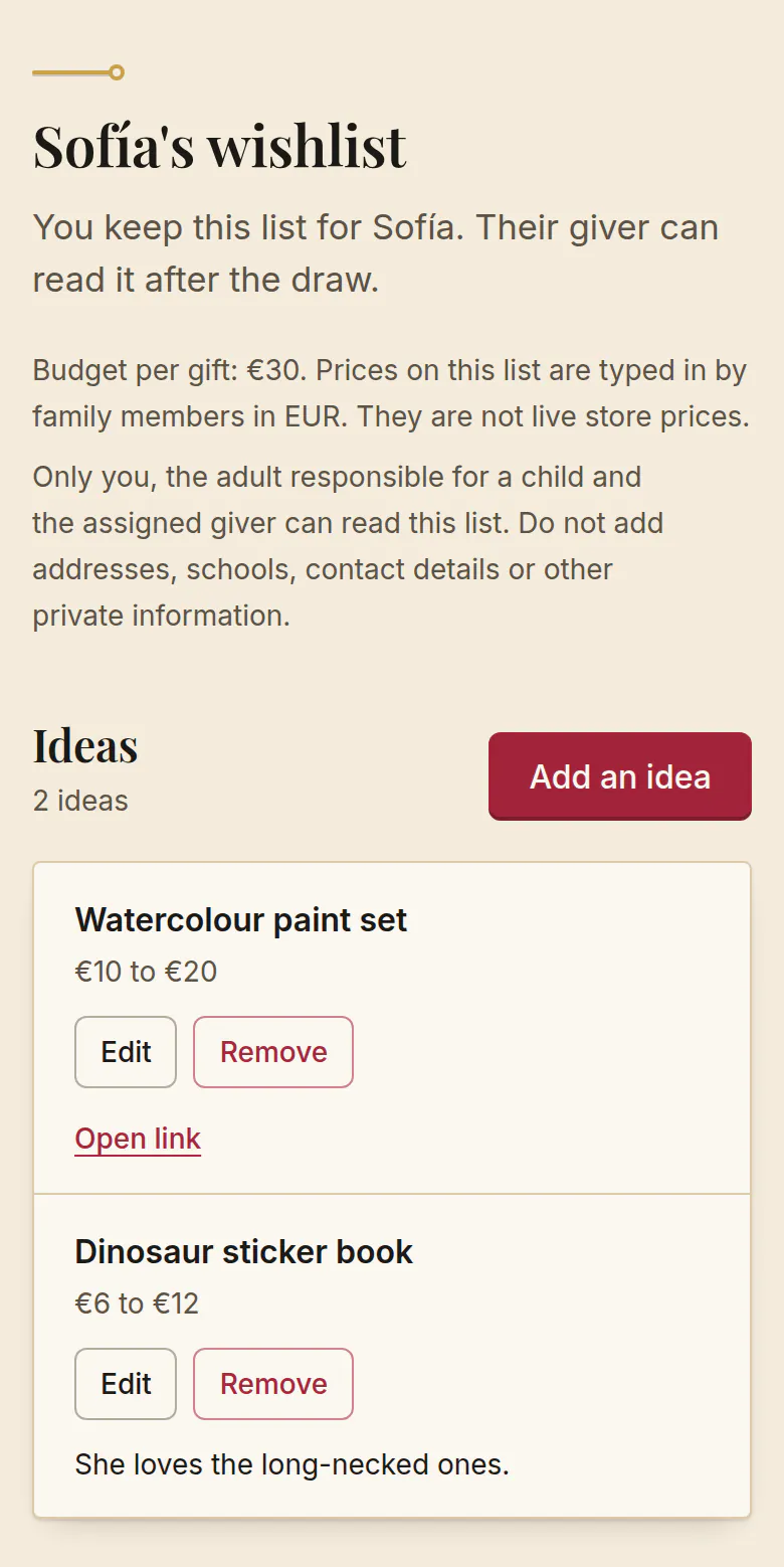 Sofía’s wishlist in SantaTogether, seen by the parent who keeps it. It says the giver can read it after the draw, and that only you, the adult responsible for a child and the assigned giver can read the list. Two ideas: a watercolour paint set for €10 to €20 and a dinosaur sticker book for €6 to €12.