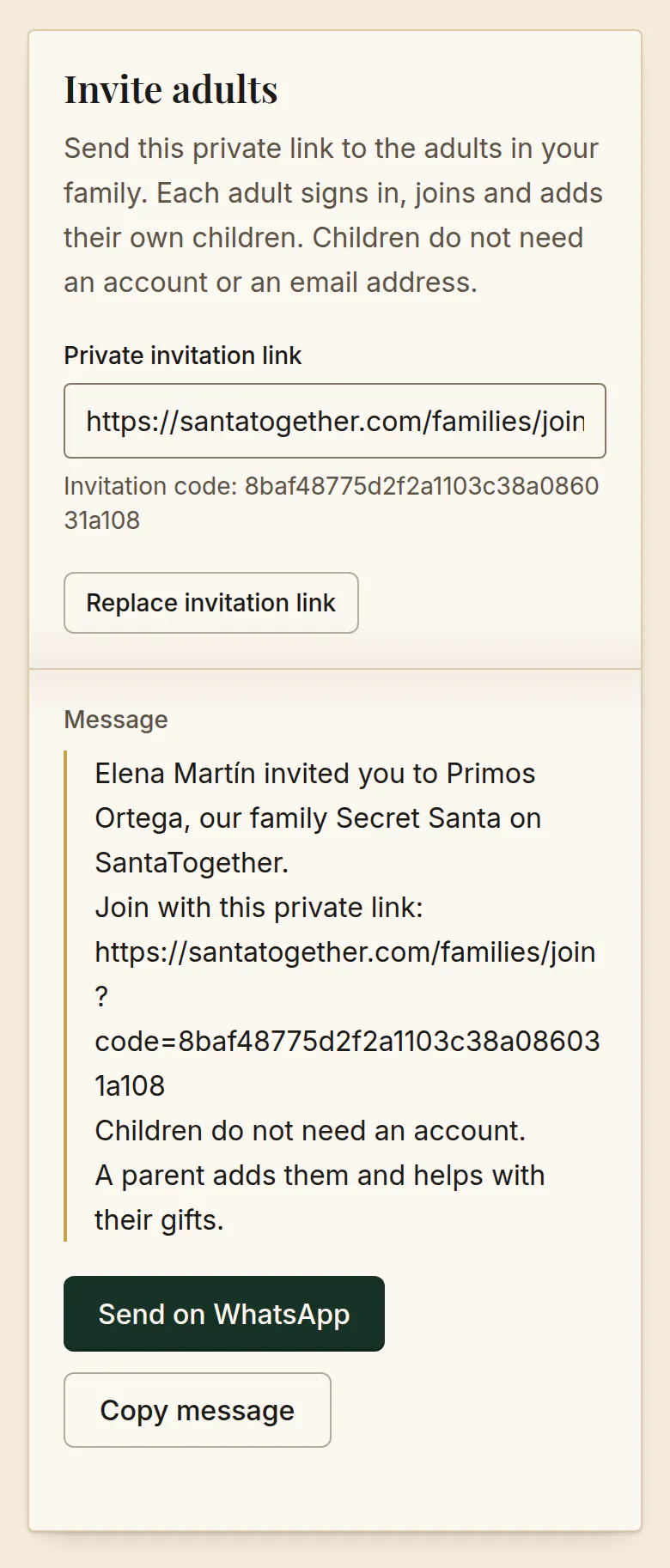 The Invite adults card in SantaTogether: a private invitation link and code, a message saying children do not need an account because a parent adds them, and buttons to send it on WhatsApp or copy it.