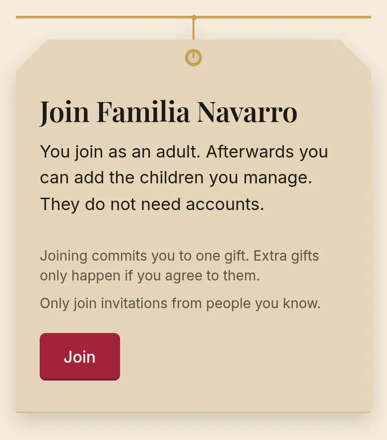 SantaTogether invitation to join Familia Navarro: You join as an adult. Afterwards you can add the children you manage. They do not need accounts. A note says joining commits you to one gift and extra gifts only happen if you agree to them.