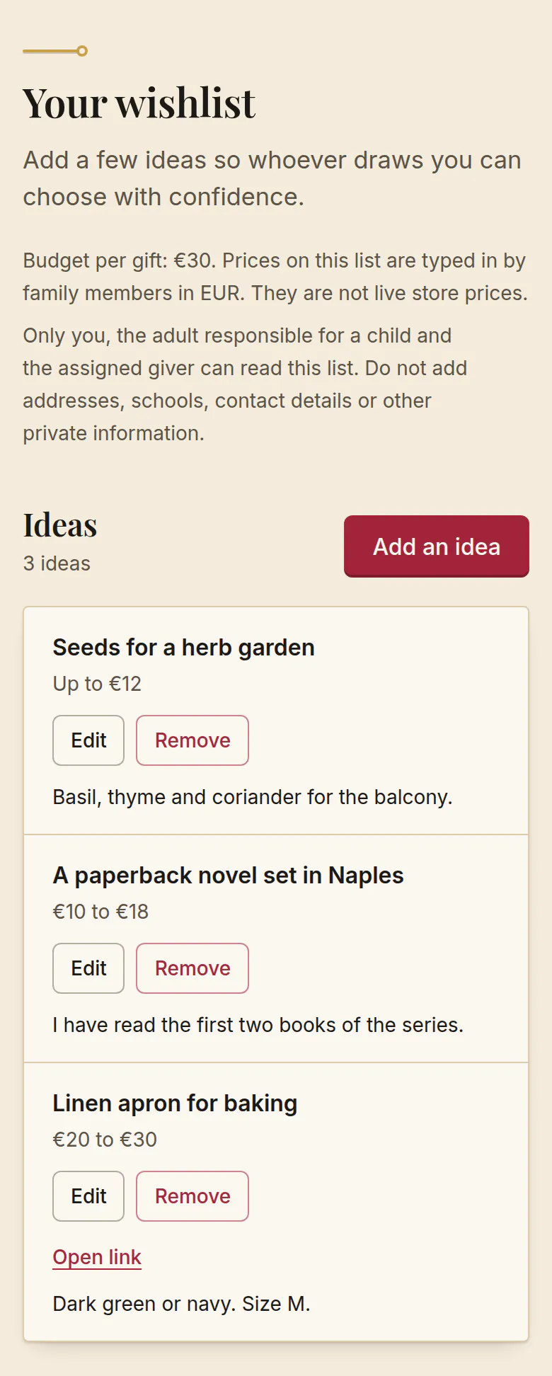 Elena’s wishlist in SantaTogether. The page notes a budget of €30 per gift and that prices are typed in by family members, not live store prices. Three ideas with notes: seeds for a herb garden up to €12, a paperback novel set in Naples for €10 to €18, and a linen apron for baking for €20 to €30 with a link.