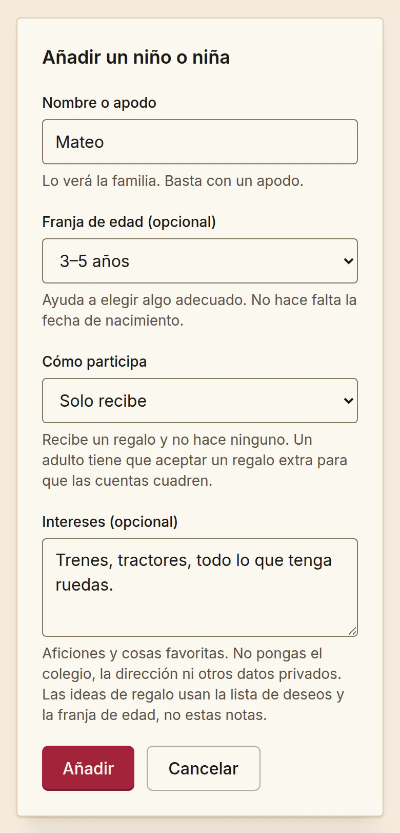 Formulario Añadir un niño o niña de SantaTogether, rellenado para Mateo: franja de edad de 3 a 5 años, Cómo participa con Solo recibe y el aviso de que un adulto tiene que aceptar un regalo extra para que las cuentas cuadren, e intereses sobre trenes y tractores.