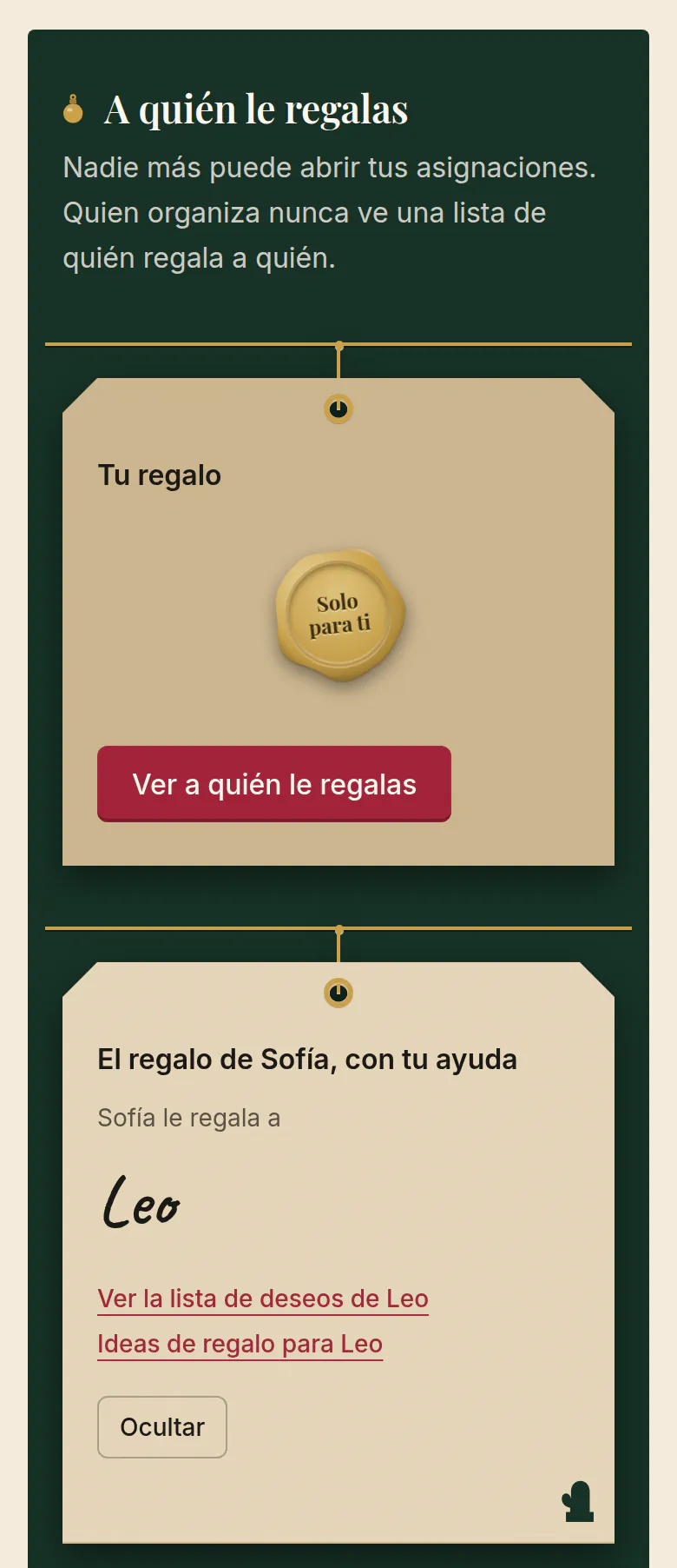 A quién le regalas, en SantaTogether después del sorteo, con la nota de que quien organiza nunca ve una lista de quién regala a quién. El regalo propio del adulto sigue sellado. La etiqueta El regalo de Sofía, con tu ayuda, está abierta: Sofía le regala a Leo, con enlaces a la lista de deseos de Leo y a ideas de regalo.