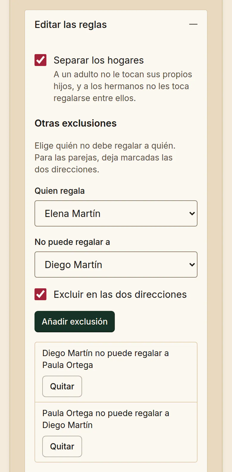 Panel Editar las reglas de SantaTogether. Separar los hogares está marcado. En Otras exclusiones está marcado Excluir en las dos direcciones, y la lista muestra Diego Martín no puede regalar a Paula Ortega y Paula Ortega no puede regalar a Diego Martín.