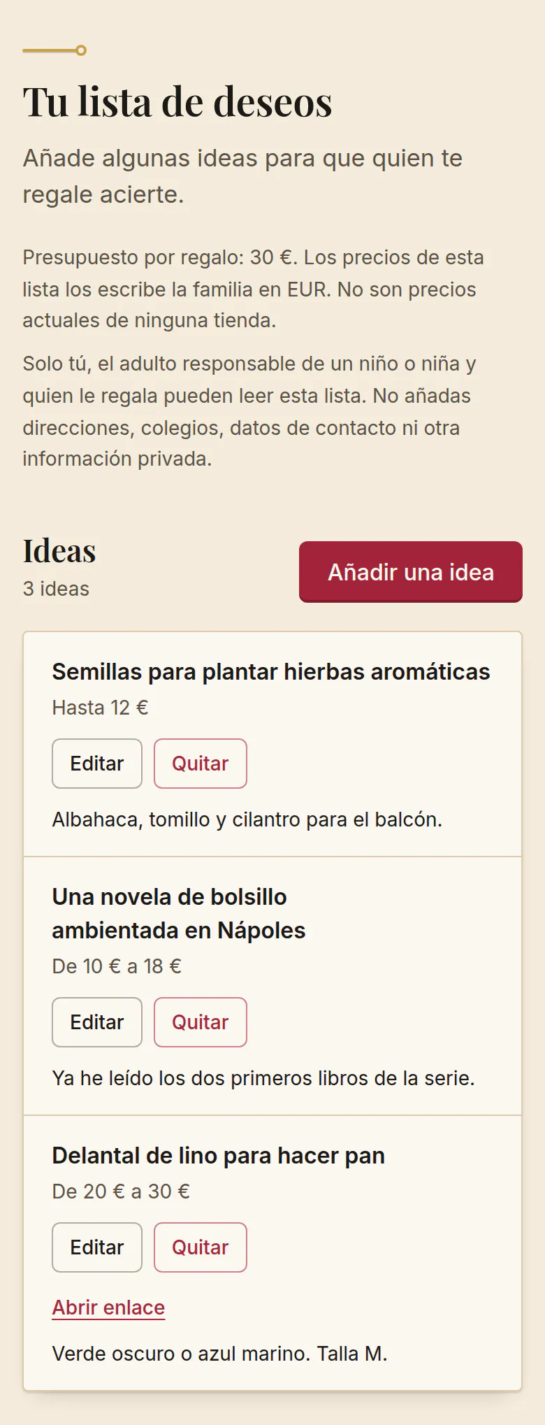 Lista de deseos de Elena en SantaTogether. La página indica un presupuesto de 30 € por regalo y que los precios los escribe la familia, no son precios actuales de ninguna tienda. Tres ideas con notas: semillas para plantar hierbas aromáticas hasta 12 €, una novela de bolsillo ambientada en Nápoles de 10 a 18 € y un delantal de lino para hacer pan de 20 a 30 € con un enlace.