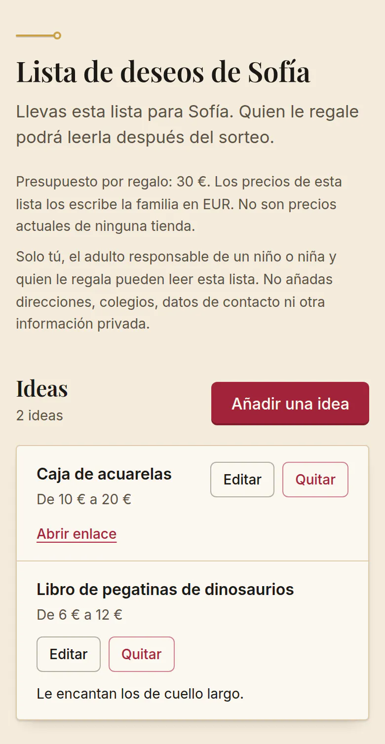 Lista de deseos de Sofía en SantaTogether, vista por el adulto que la lleva. Dice que quien le regale podrá leerla después del sorteo y que solo tú, el adulto responsable de un niño o niña y quien le regala pueden leer esta lista. Dos ideas: una caja de acuarelas de 10 a 20 € y un libro de pegatinas de dinosaurios de 6 a 12 €.