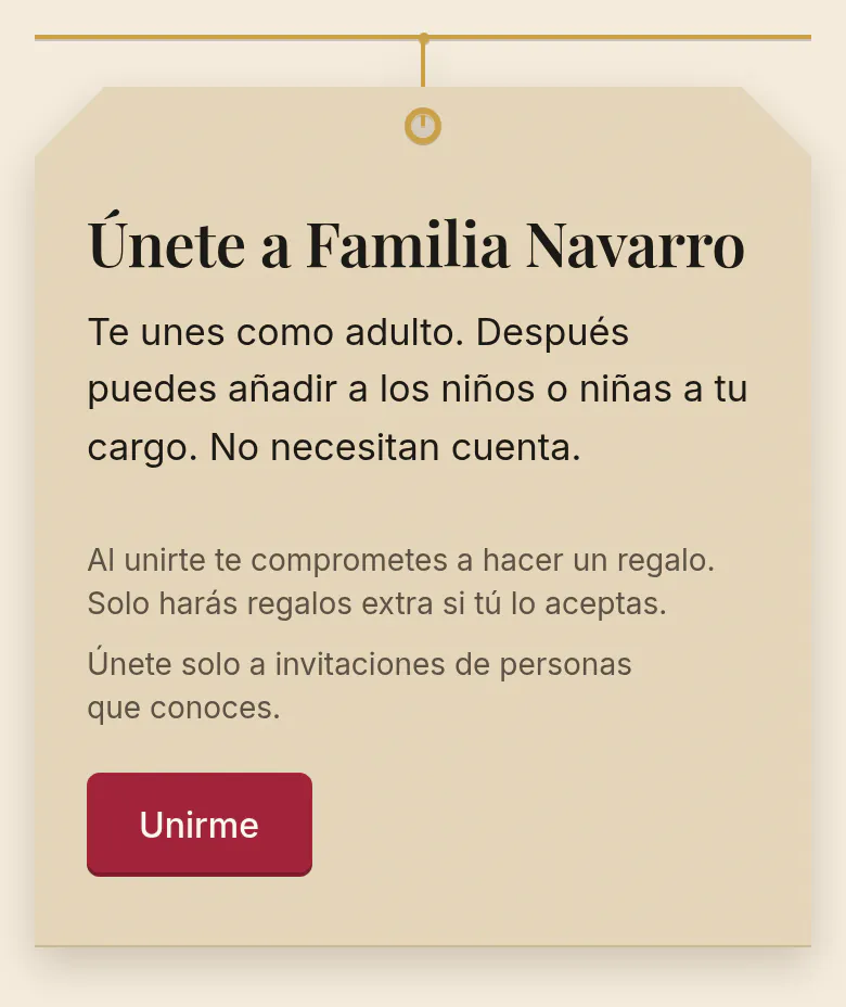 Invitación de SantaTogether para unirse a Familia Navarro: Te unes como adulto. Después puedes añadir a los niños o niñas a tu cargo. No necesitan cuenta. Una nota dice que al unirte te comprometes a hacer un regalo y que solo harás regalos extra si tú lo aceptas.